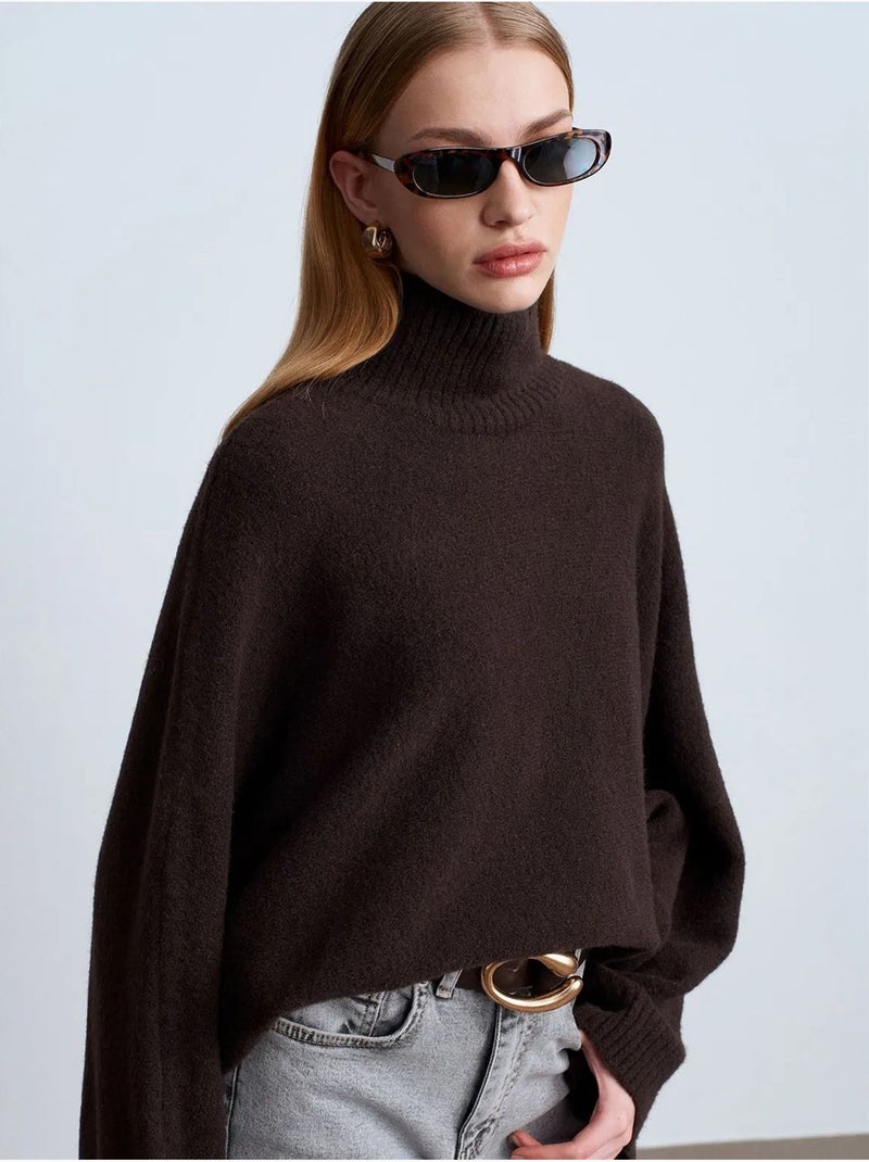 Jersey de cuello alto oversize acanalado Marrón chocolate - Kiabi