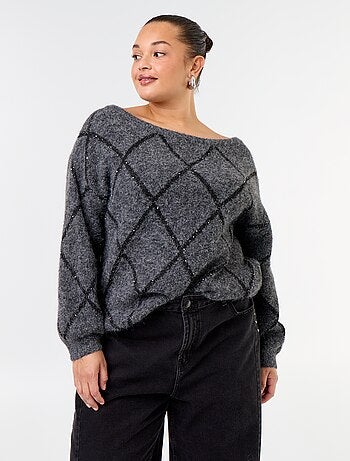 Jersey de cuello barco con estampado argyle y pedrería