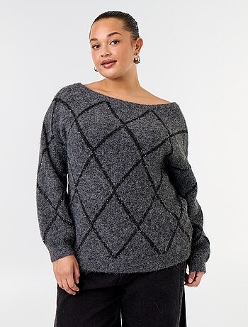 Jersey de cuello barco con estampado argyle y pedrería