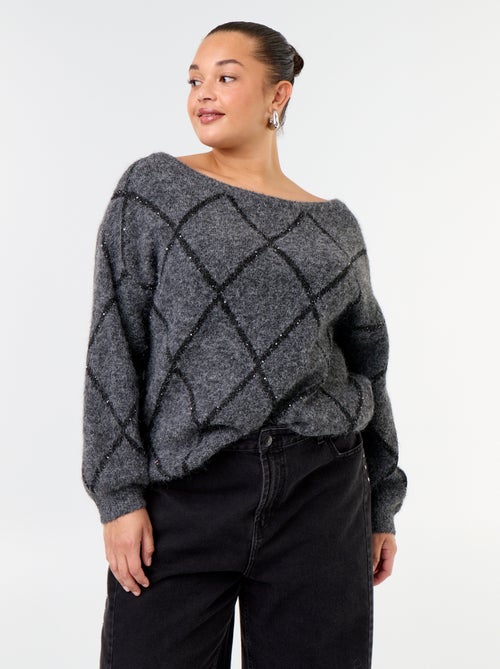 Jersey de cuello barco con estampado argyle y pedrería - Kiabi