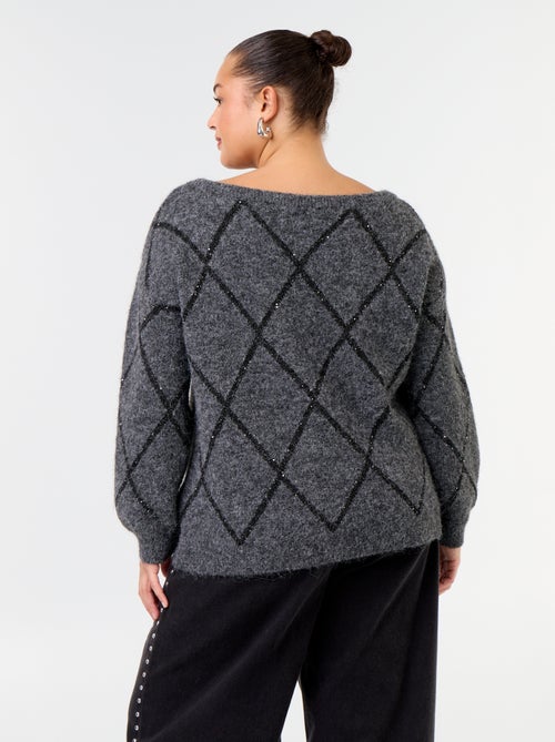 Jersey de cuello barco con estampado argyle y pedrería - Kiabi