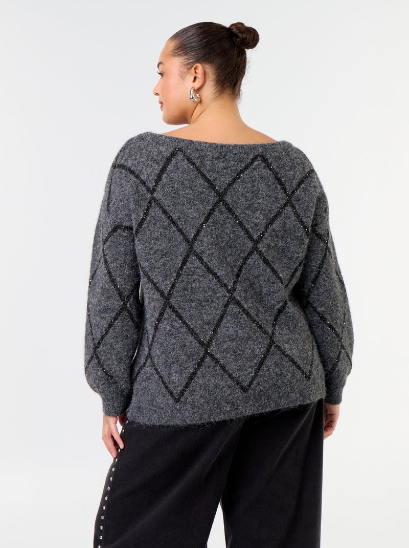Jersey de cuello barco con estampado argyle y pedrería Gris - Kiabi
