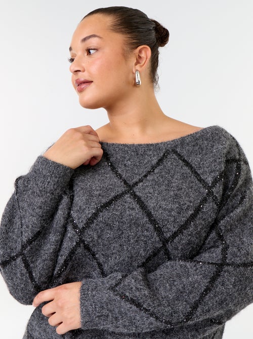 Jersey de cuello barco con estampado argyle y pedrería - Kiabi