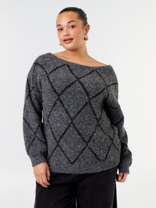 Jersey de cuello barco con estampado argyle y pedrería - Kiabi