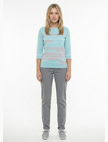 Jersey de cuello barco y manga 3/4 con delantero de jacquard de rayas - Afibel