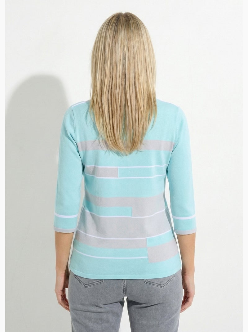 Jersey de cuello barco y manga 3/4 con delantero de jacquard de rayas - Afibel Azul grisáceo - Kiabi