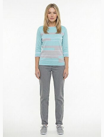 Jersey de cuello barco y manga 3/4 con delantero de jacquard de rayas - Afibel