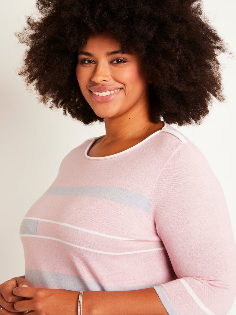 Jersey de cuello barco y manga 3/4 con delantero de jacquard de rayas - Afibel Rosa - Kiabi