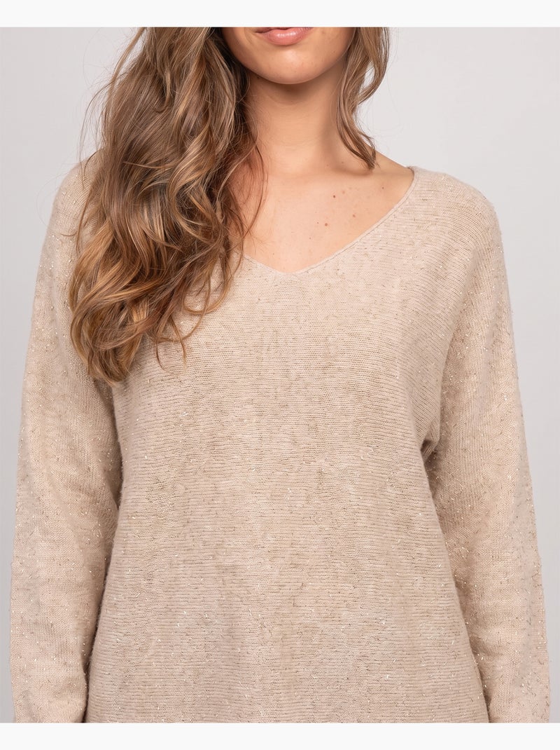 Jersey de cuello de pico de punto con hilo brillante kassiane Beige - Kiabi