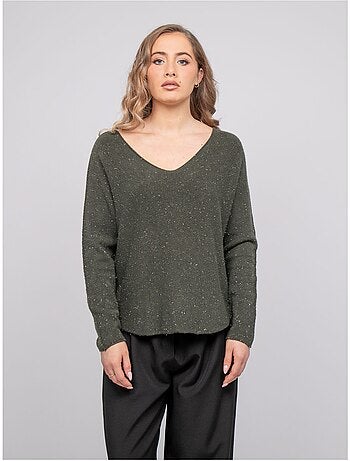 Jersey de cuello de pico de punto con hilo brillante kassiane