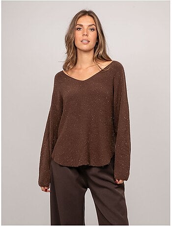 Jersey de cuello de pico de punto con hilo brillante kassiane