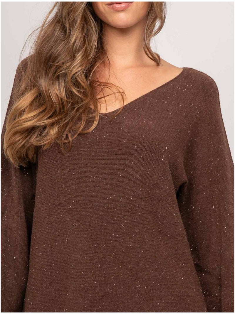 Jersey de cuello de pico de punto con hilo brillante kassiane Marrón - Kiabi