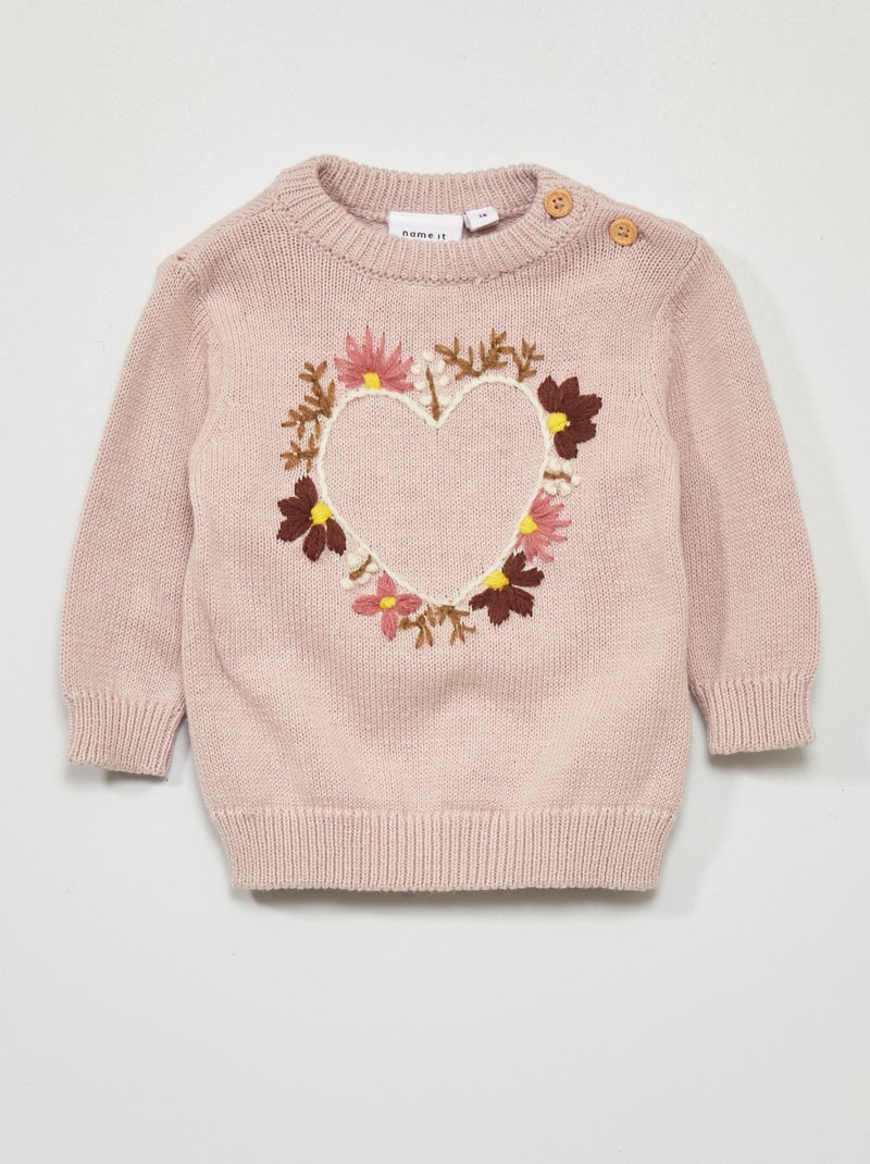 Jersey de cuello redondo bordado 'corazón' ROSA - Kiabi