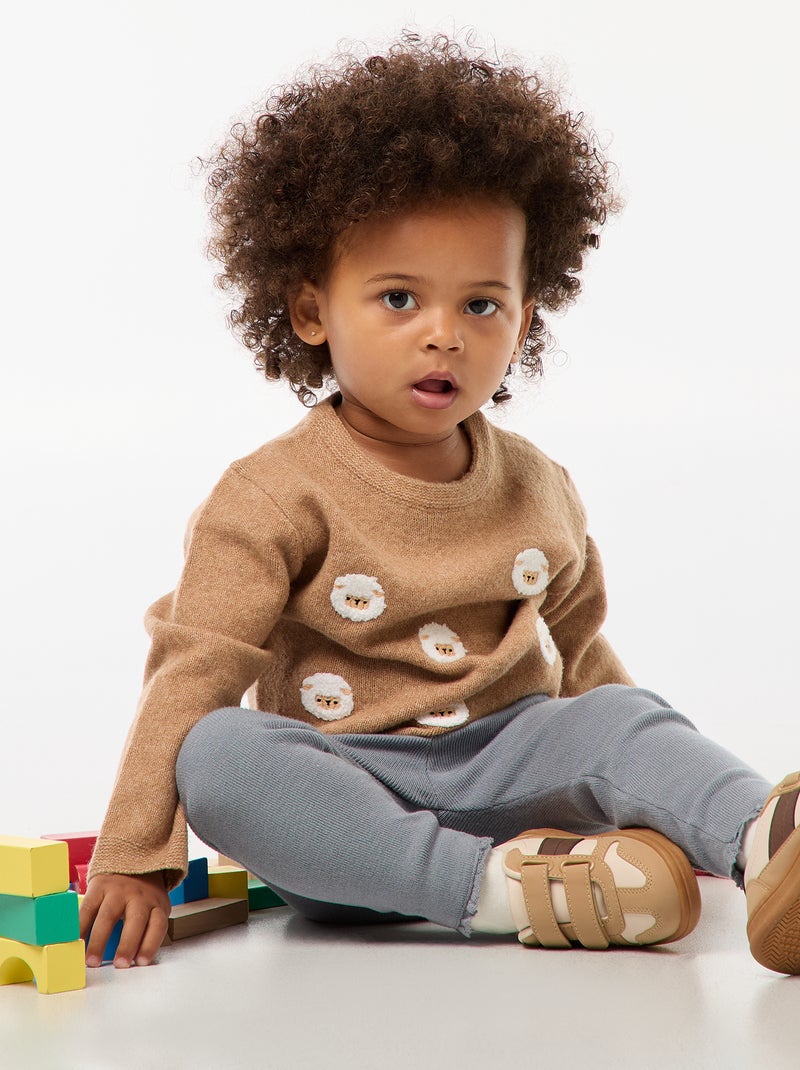 Jersey de cuello redondo con bordados Beige - Kiabi