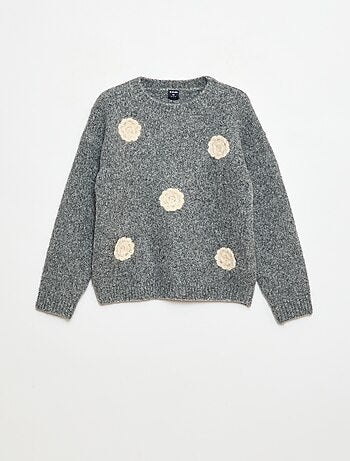 Jersey de cuello redondo con flores de croché liso