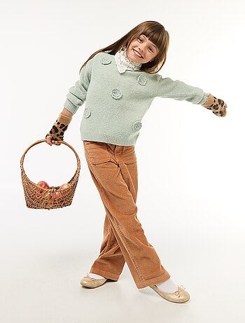 Jersey de cuello redondo con flores de crochet liso