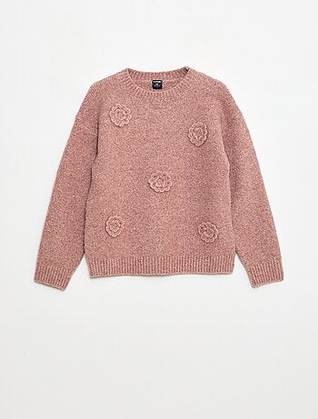 Jersey de cuello redondo con flores de crochet liso