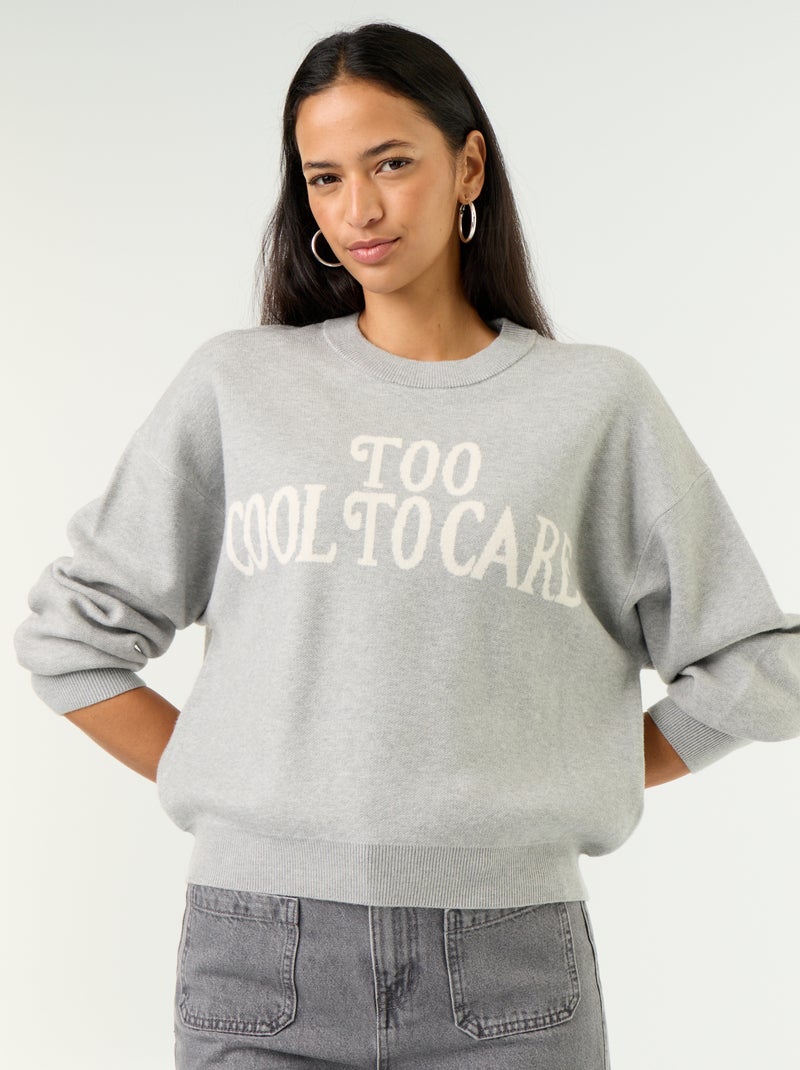 Jersey de cuello redondo de punto suave con inscripción Gris - Kiabi