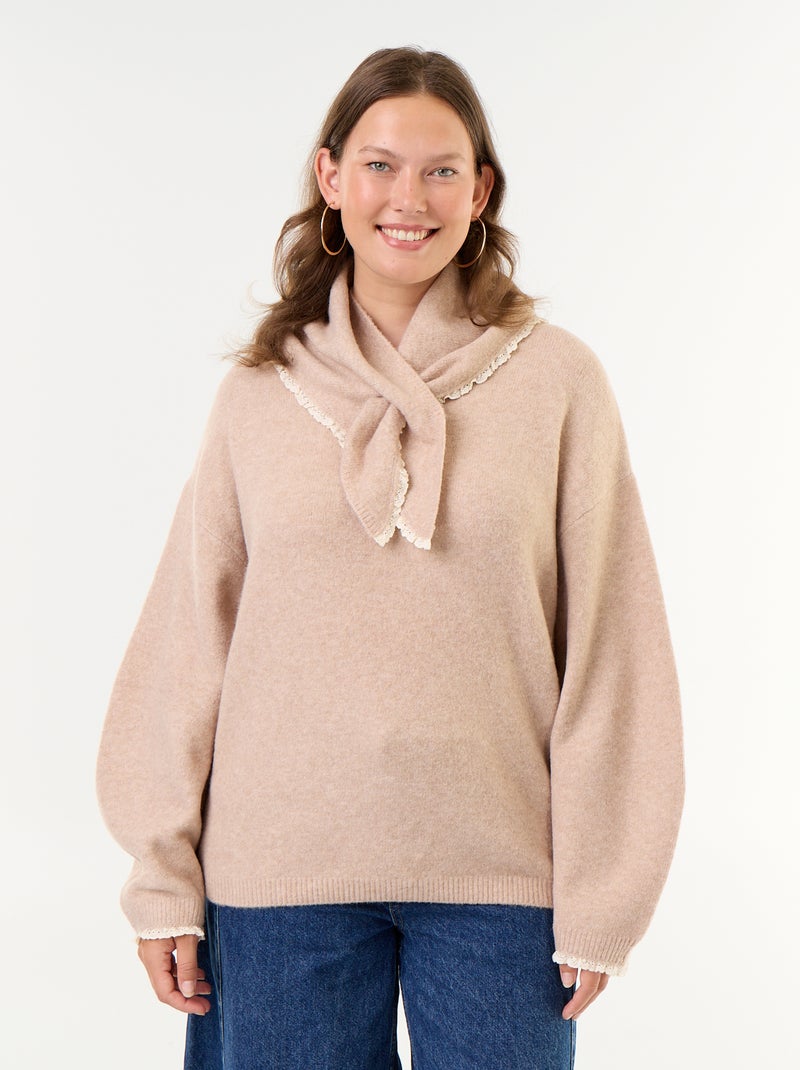 Jersey de cuello redondo y mangas anchas con pañuelo a juego Beige - Kiabi