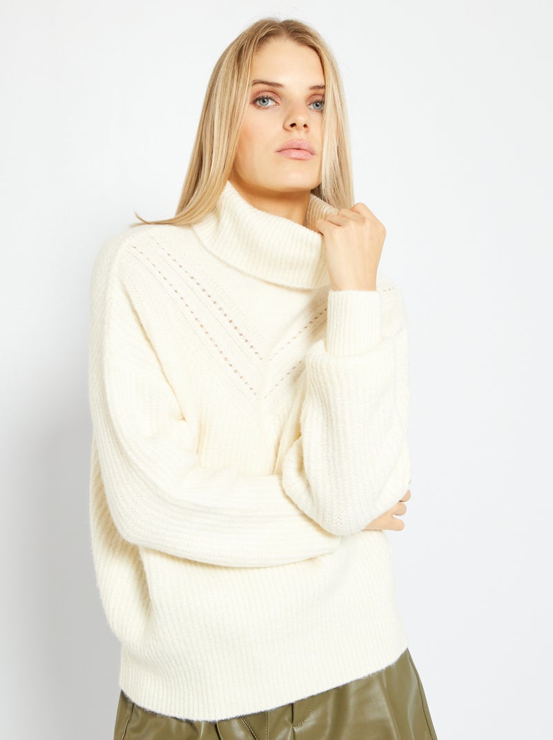 Jersey de cuello vuelto de punto calado BLANCO - Kiabi