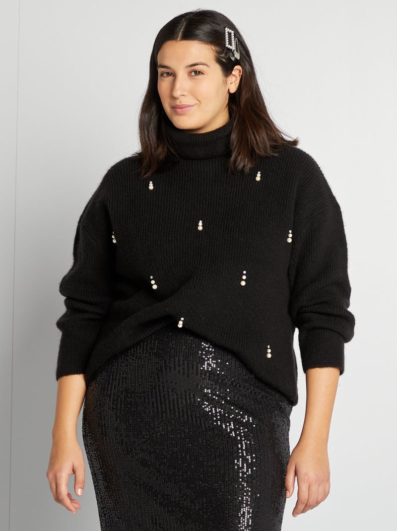 Jersey de cuello vuelto de punto con pedrería negro - Kiabi