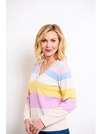 Jersey de lana merino con cuello de pico a rayas suaves - Afibel