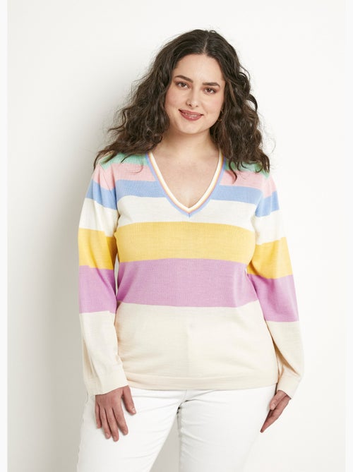 Jersey de lana merino con cuello de pico a rayas suaves - Afibel - Kiabi