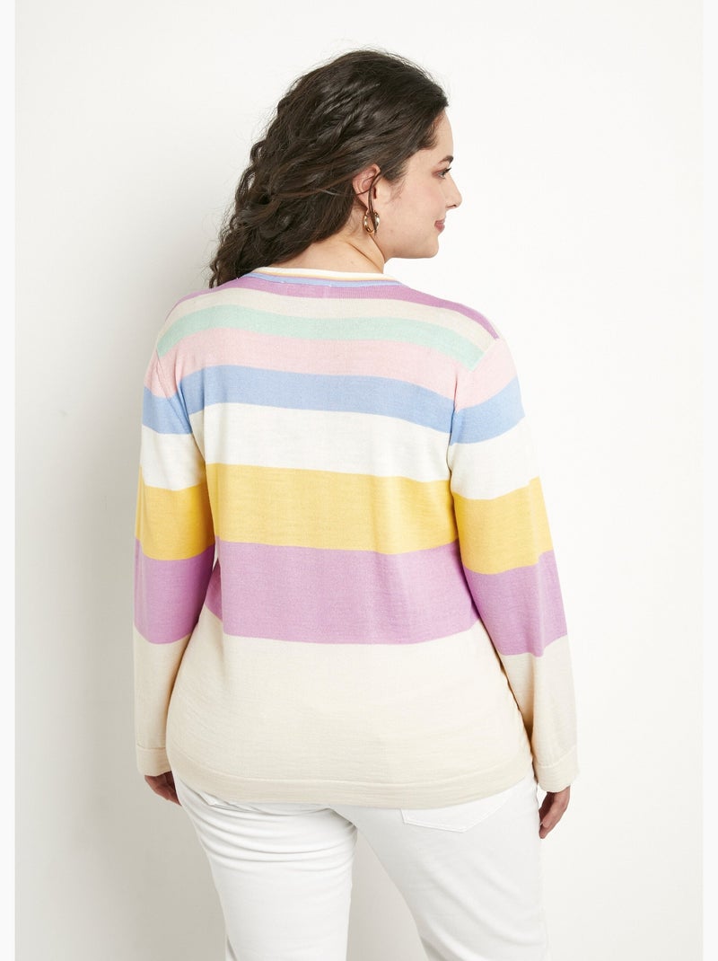 Jersey de lana merino con cuello de pico a rayas suaves - Afibel Multicolor - Kiabi