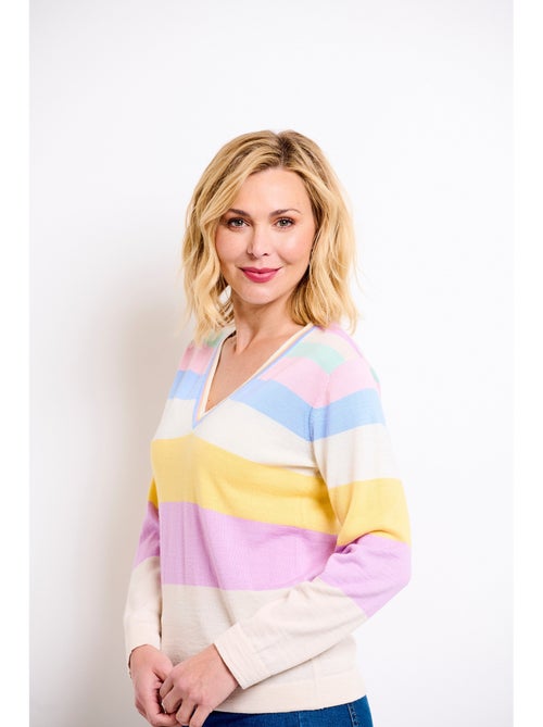 Jersey de lana merino con cuello de pico a rayas suaves - Afibel - Kiabi
