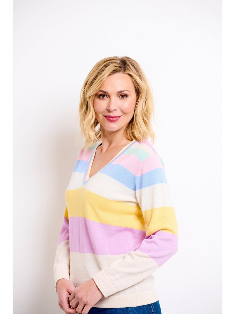 Jersey de lana merino con cuello de pico a rayas suaves - Afibel Multicolor - Kiabi