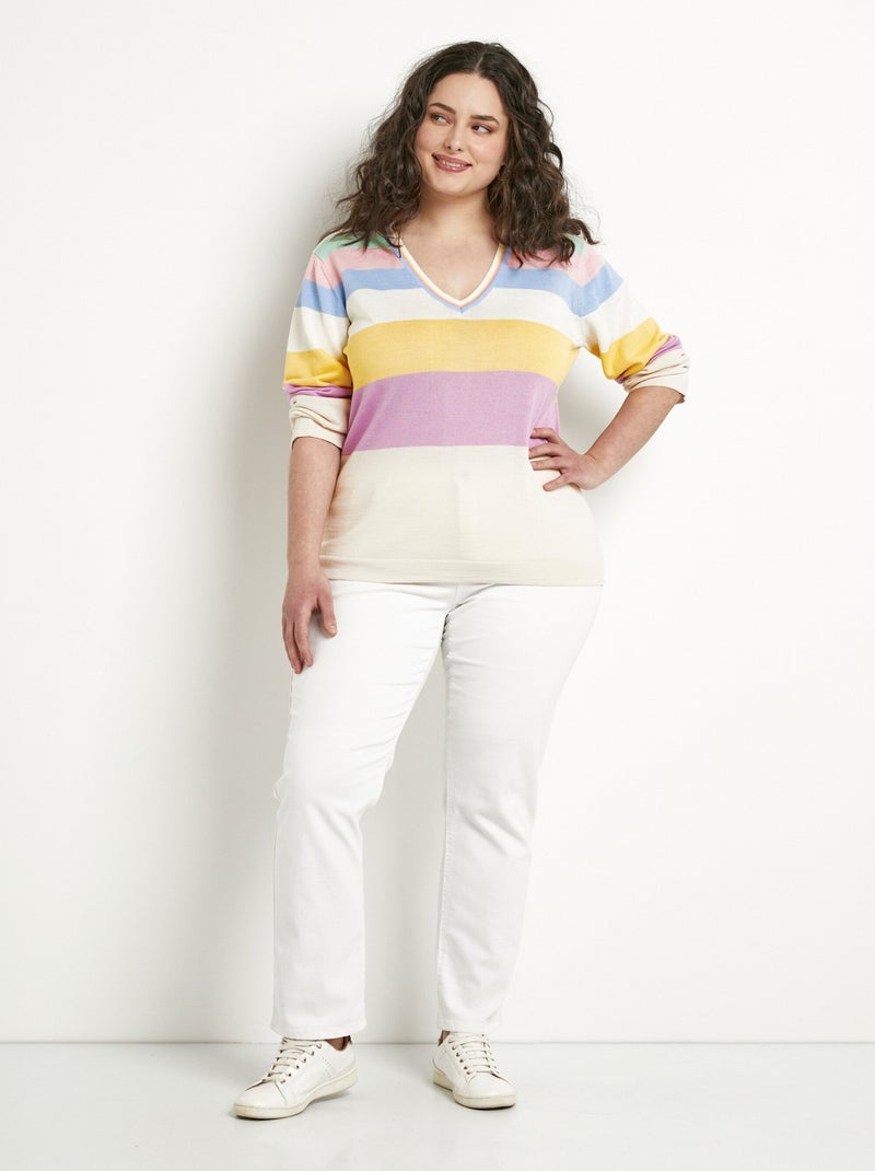 Jersey de lana merino con cuello de pico a rayas suaves - Afibel Multicolor - Kiabi