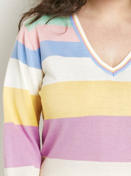 Jersey de lana merino con cuello de pico a rayas suaves - Afibel - Kiabi