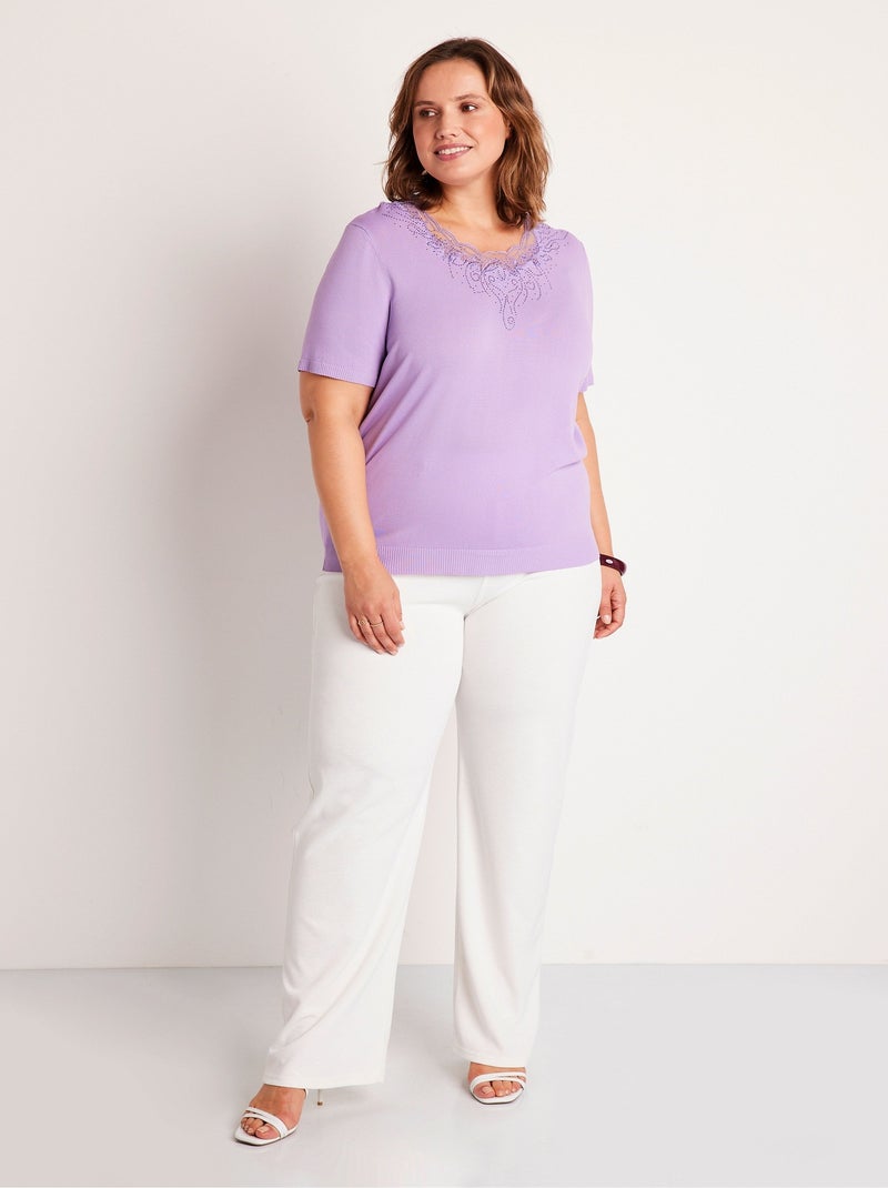 Jersey de manga corta con bordado fino - Afibel Violeta - Kiabi