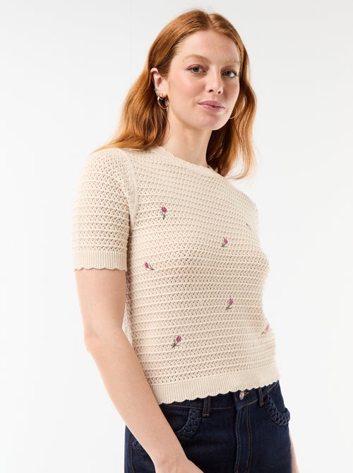 Jersey de manga corta con flores bordadas - Kiabi