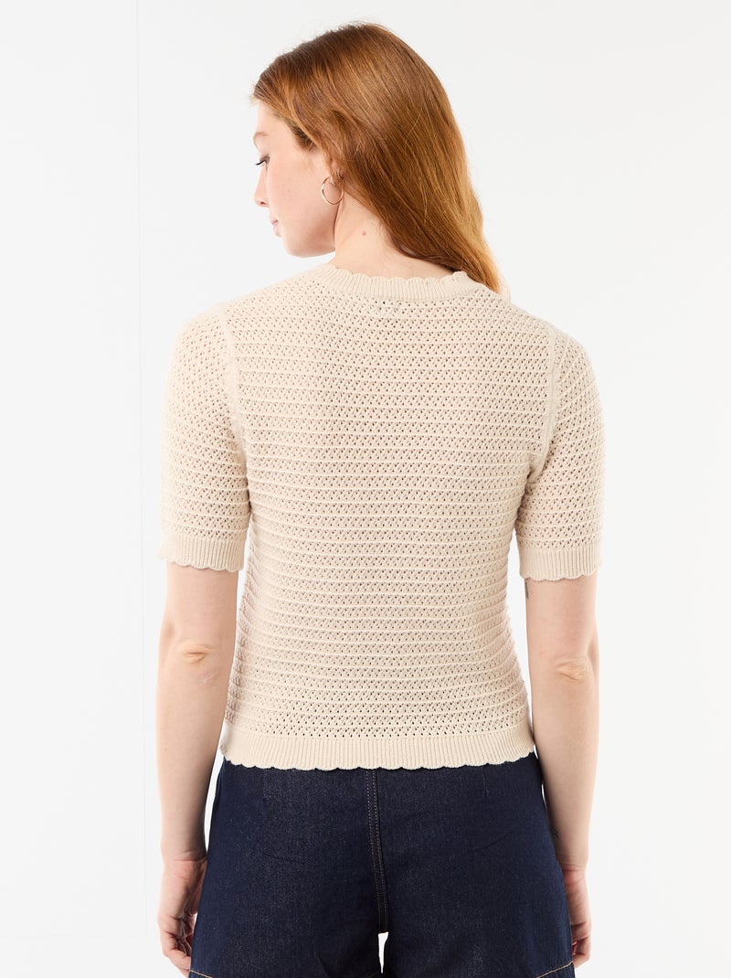 Jersey de manga corta con flores bordadas Beige - Kiabi