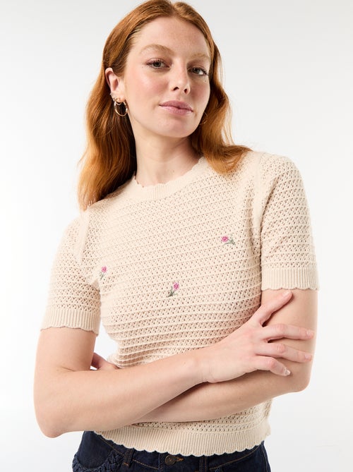 Jersey de manga corta con flores bordadas - Kiabi