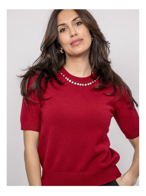Jersey de manga corta con strass en el cuello KACOOPER - Kiabi Jersey de manga corta con strass en el cuello KACOOPER - Kiabi