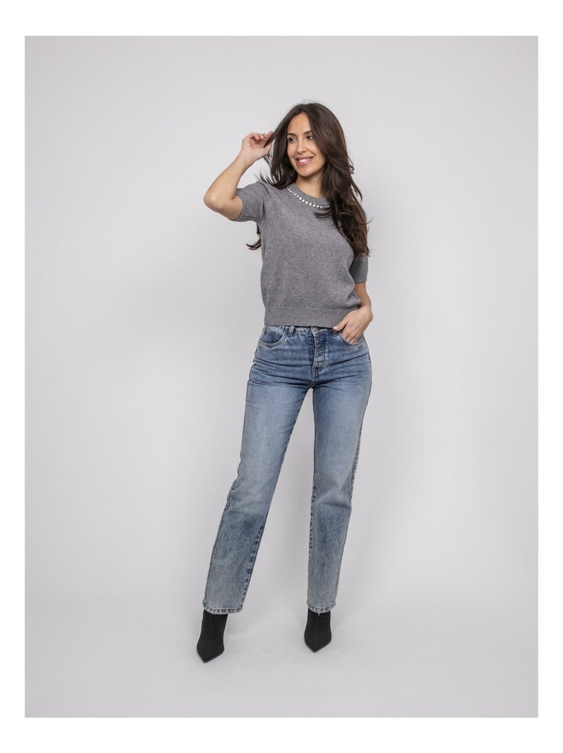 Jersey de manga corta con strass en el cuello KACOOPER Gris - Kiabi