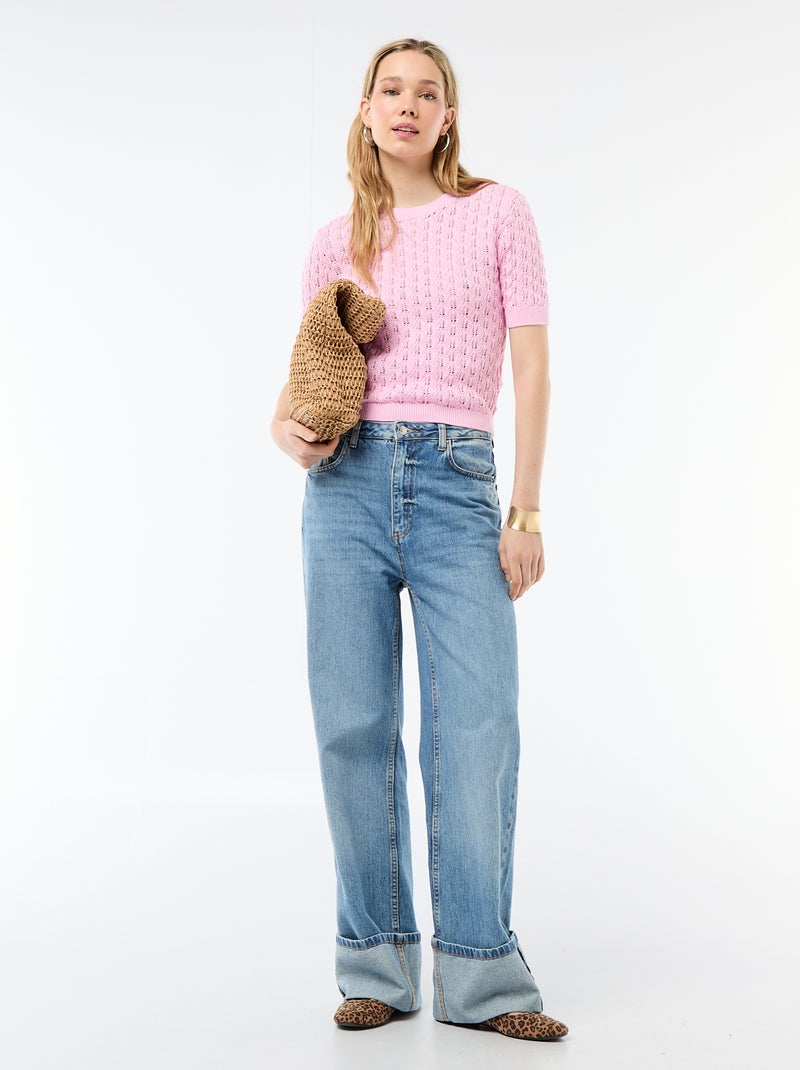 Jersey de manga corta de punto de ganchillo calado Rosa - Kiabi