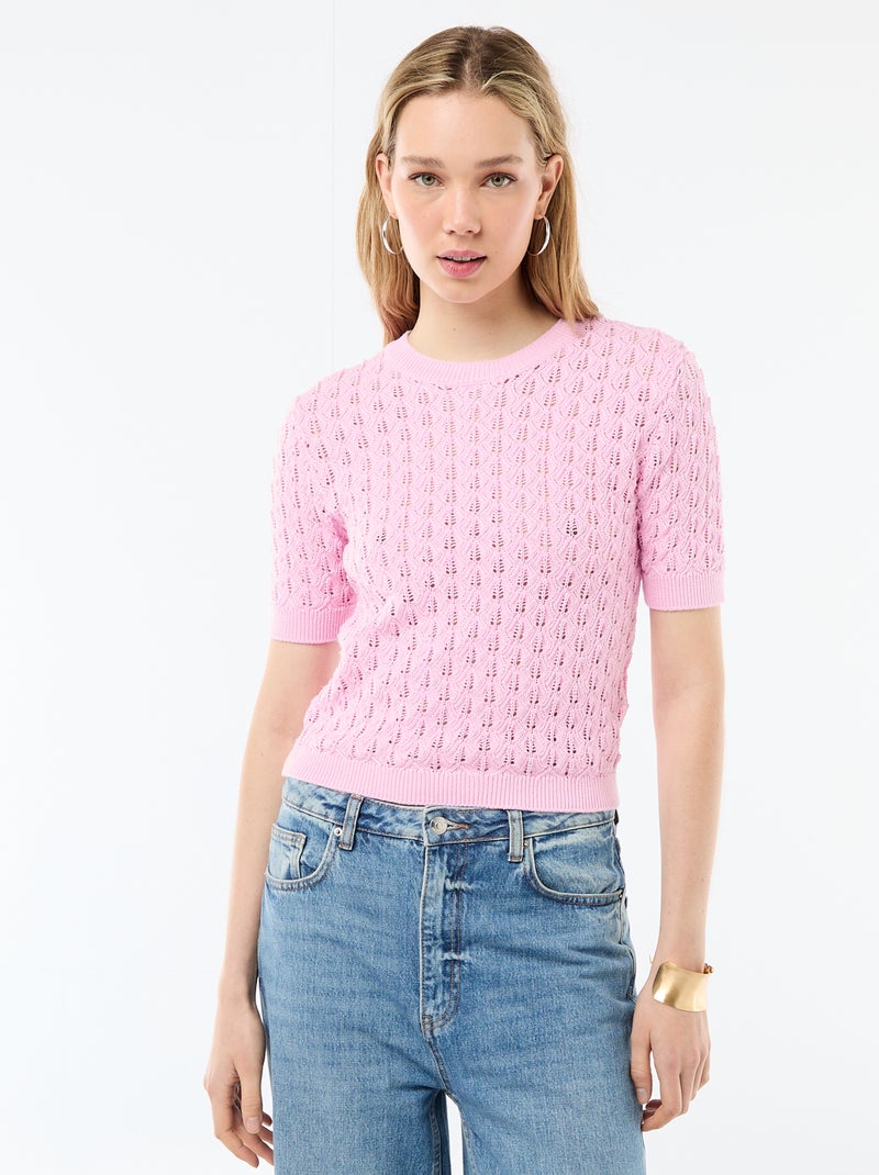 Jersey de manga corta de punto de ganchillo calado Rosa - Kiabi