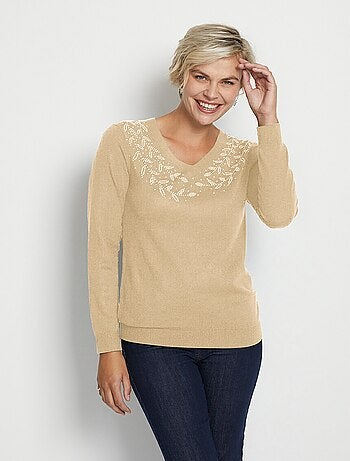 Jersey de manga larga con cuello en V y strass - Afibel