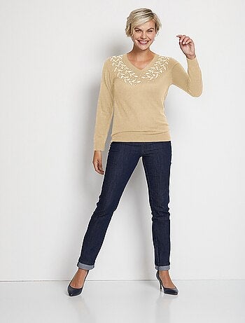 Jersey de manga larga con cuello en V y strass - Afibel