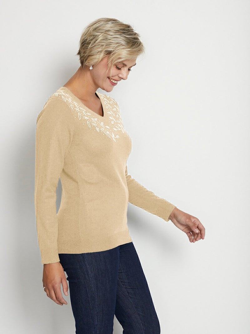Jersey de manga larga con cuello en V y strass - Afibel Beige - Kiabi