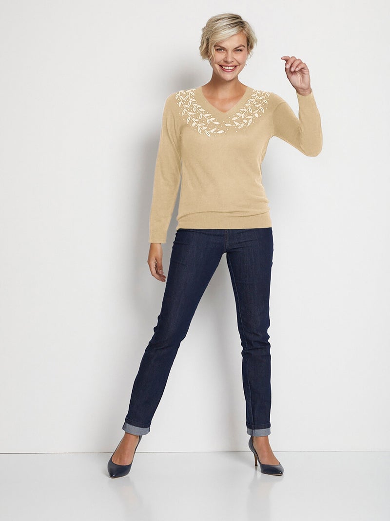 Jersey de manga larga con cuello en V y strass - Afibel Beige - Kiabi