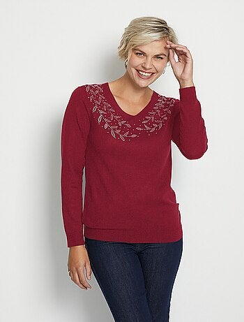 Jersey de manga larga con cuello en V y strass - Afibel