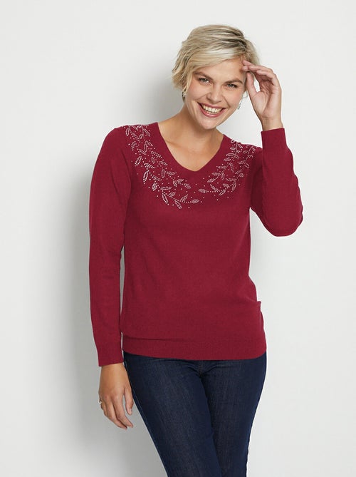 Jersey de manga larga con cuello en V y strass - Afibel - Kiabi