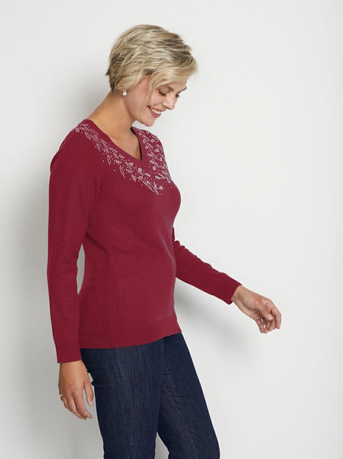 Jersey de manga larga con cuello en V y strass - Afibel - Kiabi
