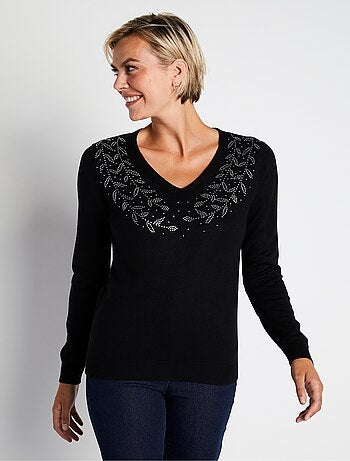 Jersey de manga larga con cuello en V y strass - Afibel