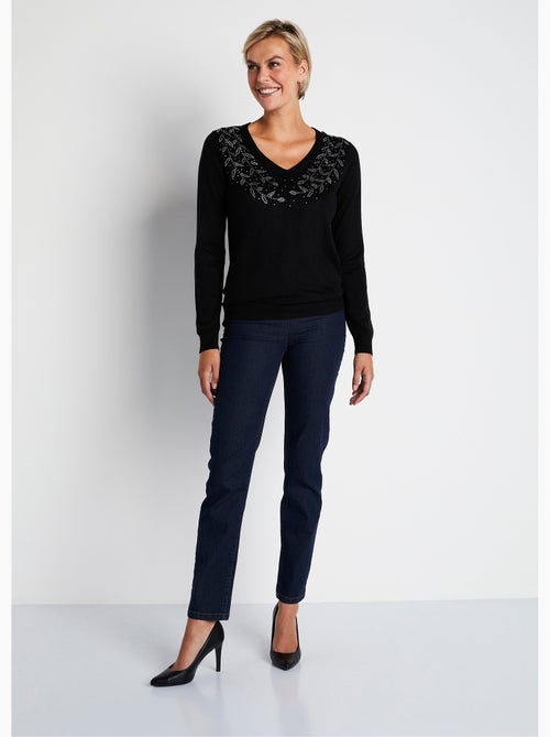 Jersey de manga larga con cuello en V y strass - Afibel - Kiabi
