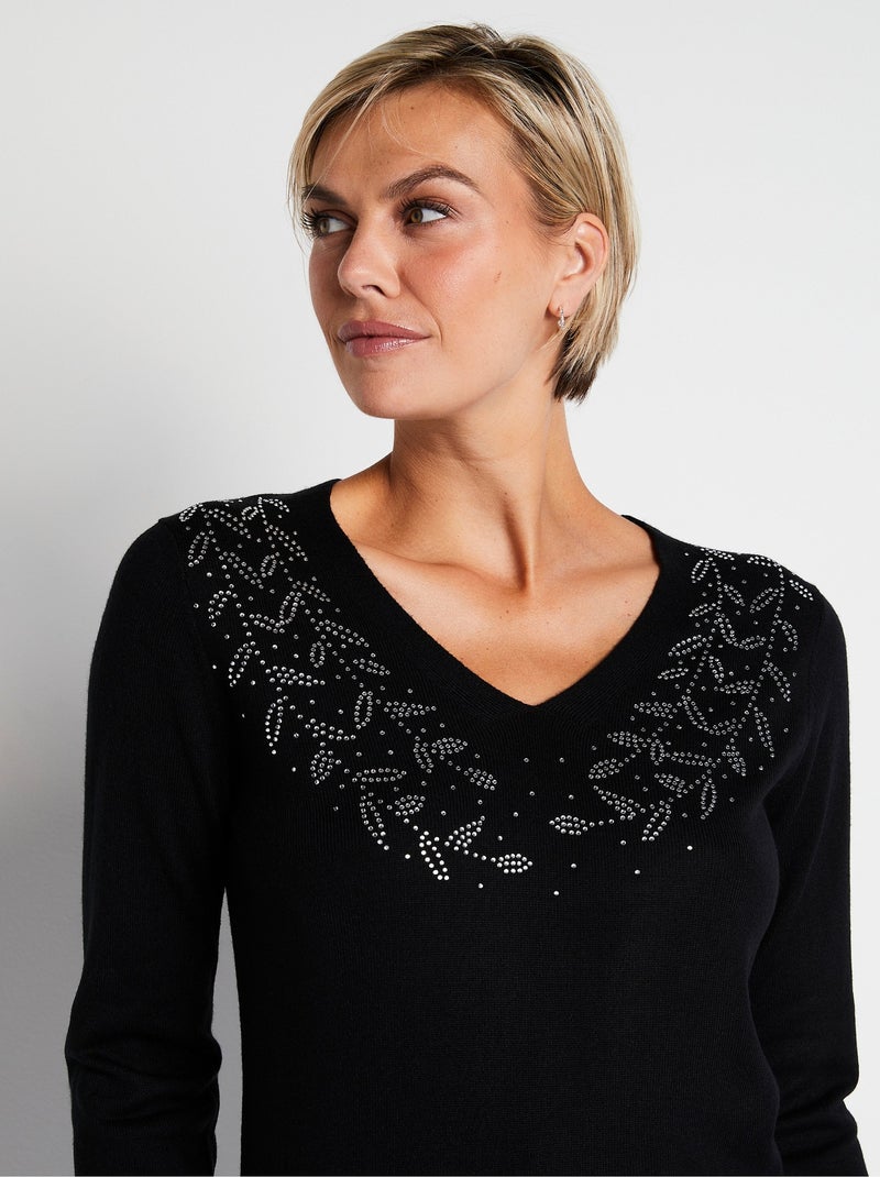 Jersey de manga larga con cuello en V y strass - Afibel Negro - Kiabi